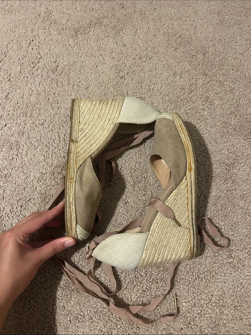 JustFab Taupe and Cream Espadrille Wedge Sandals with Ankle Wrap